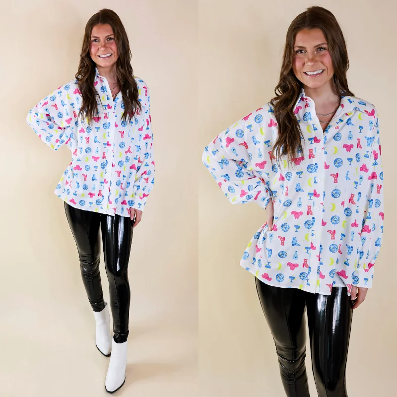 The Cowgirl Way Button Up Disco Cowboy Print Top in White Huge Savings On Parisian Styles