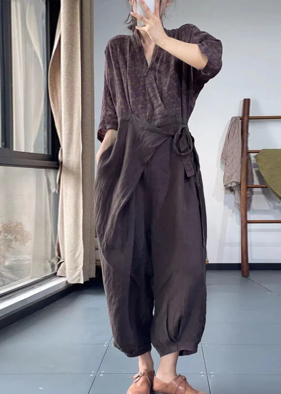 Casual Coffee Purple V Neck Print Lace Up Patchwork Cotton Jumpsuit Spring Unleash Your Trendy Side