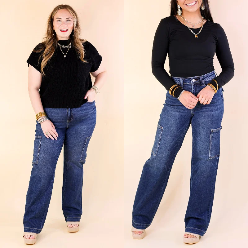 Judy Blue | Downtown Denim High Waisted Wide Leg Cargo Jean in Dark Wash Spring Fashion