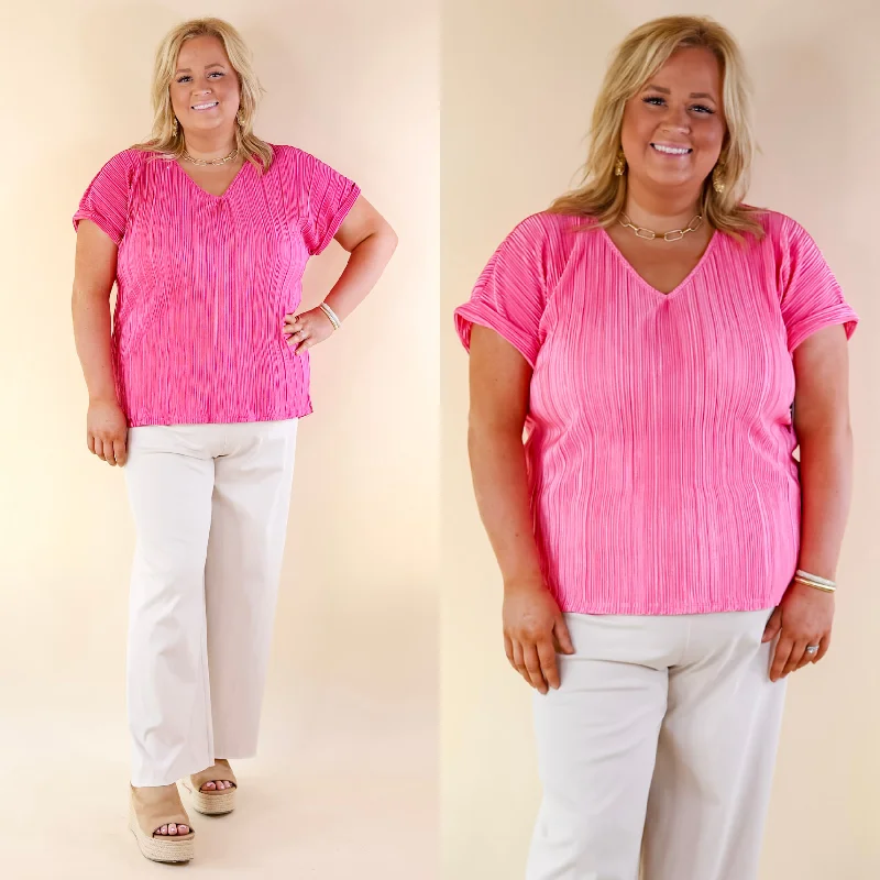 Casual Charm V Neck Plissé Top in Barbie Pink Unbeatable Prices