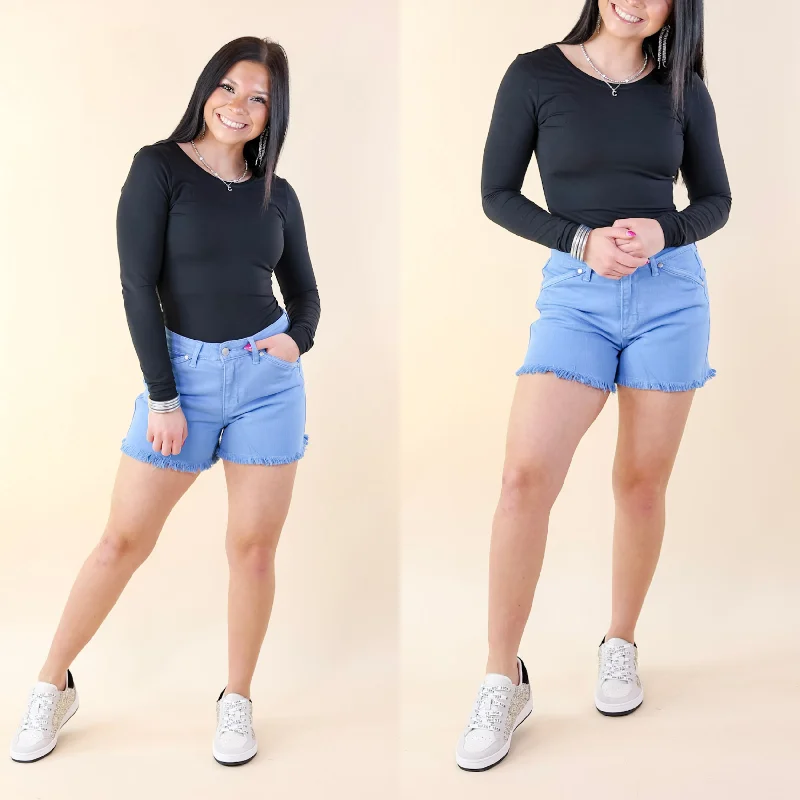 Judy Blue | Sunlight Spectrum Garment Dyed Fray Hem Shorts in Sky Blue Wash Current Trends