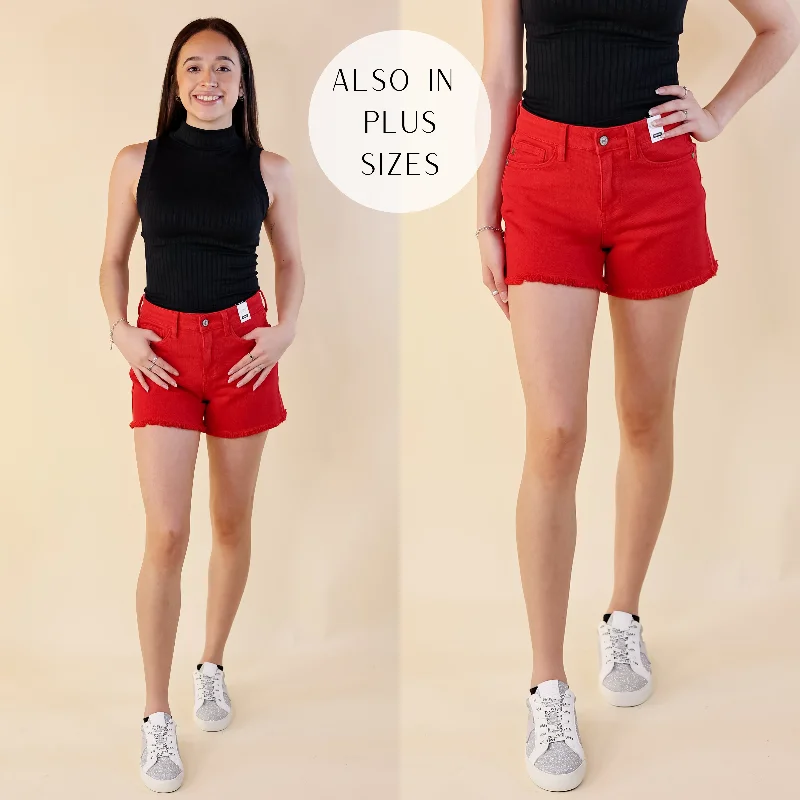 Last Chance Size Large, 1XL & 2XL | Judy Blue | Sunlight Spectrum Garment Dyed Fray Hem Shorts in Red Wash Big Savings