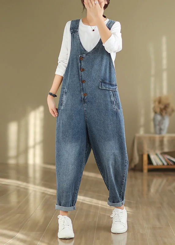 Modern Blue V Neck Pockets High Waist Denim Jumpsuit Fall Graceful Cut