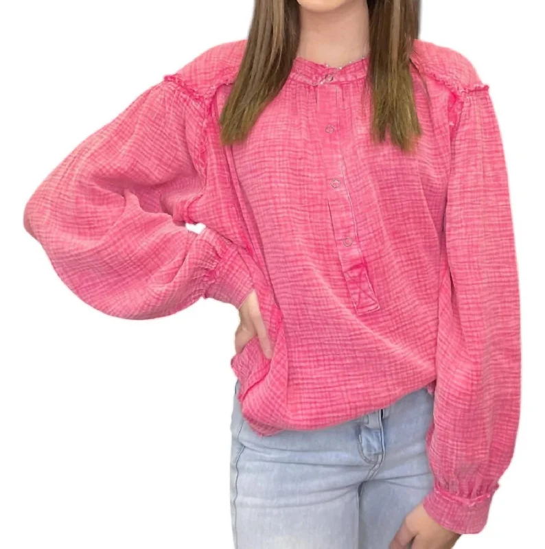 Long Sleeve Mineral Wash Top In Magenta Rose Vintage Charm