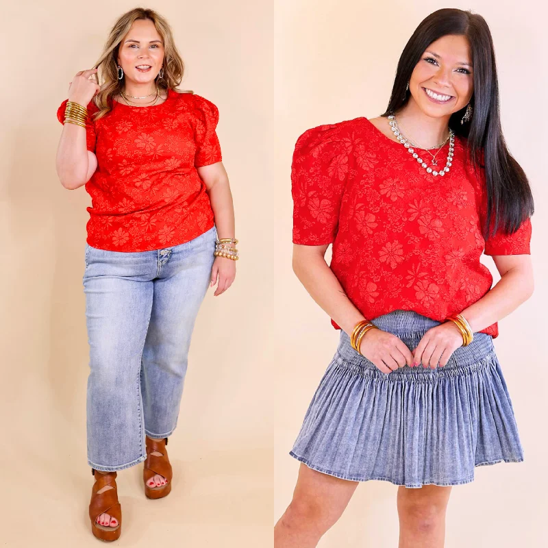 Fab Feeling Puff Shoulder Floral Embossed Top in Red Hot Trends