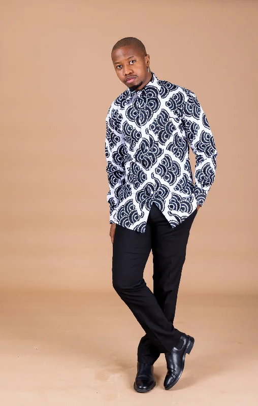 Smart Men Long-sleeved Shirt | Black and White African Print Vibrant Styles