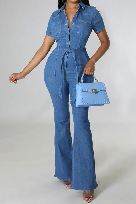 Solid Color Cozy Belted Micro Flared Denim Jumpsuit Style Versatile Women's Collection