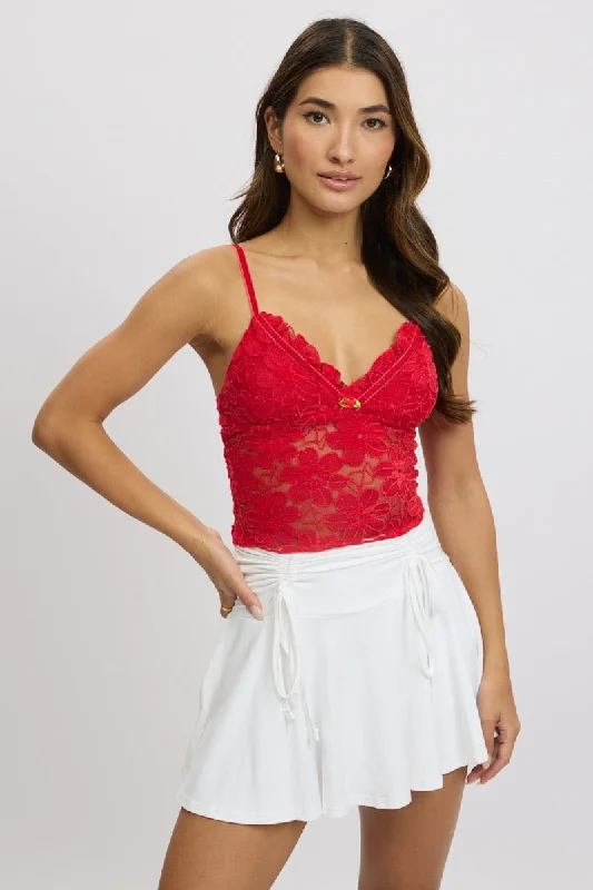 Red Singlet Top Lace Feminine Charm