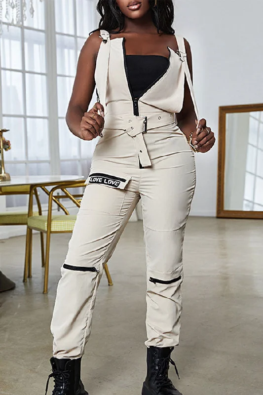 Hit Color Suspenders Urban Zipped Design Belted Jumpsuit Trendy Fashion for Women