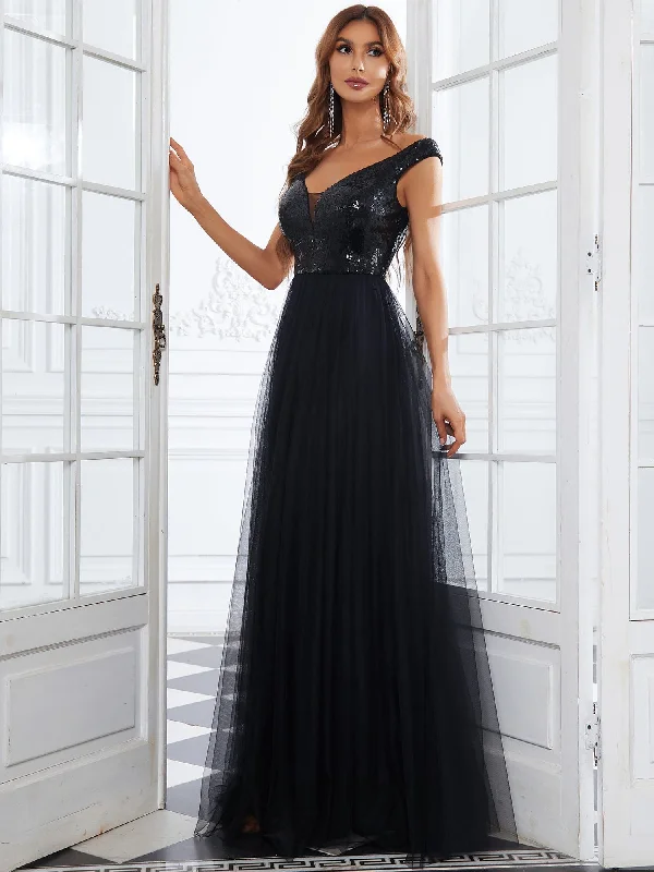 A-line Sequin Off the Shoulder Maxi Tulle Formal Evening Dress Crazy Discounts, Hurry Up