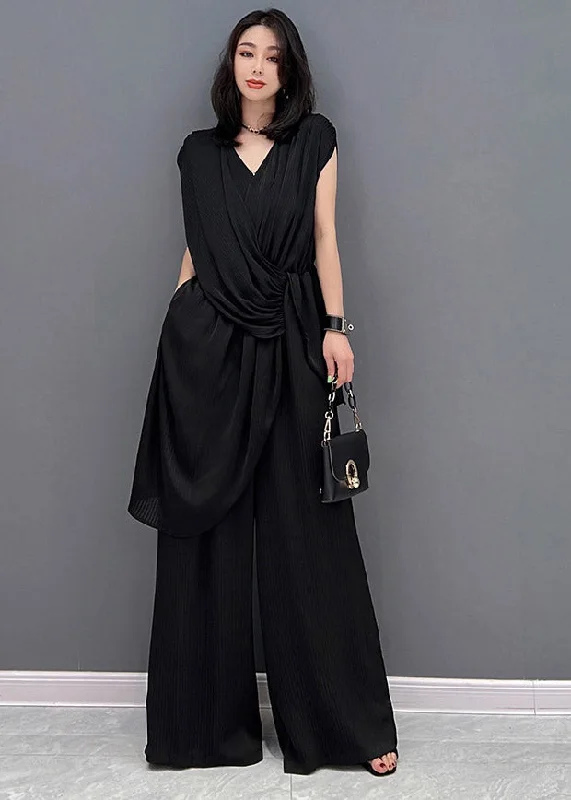 Black V Neck Wrinkled Pockets Silk Jumpsuits Pants Summer Flash Sale Fever