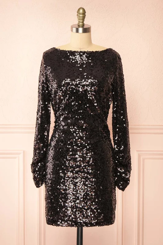 Ceferina | Short Black Sequin Dress w/ Low-Draped Back Insane Discount Onslaught