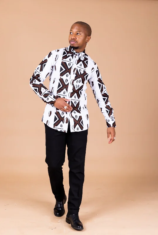 Tunji Ankara Men Long-sleeved  Shirt | Black and White African Ankara Print Style Upgrade