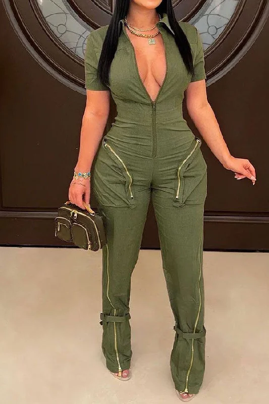 Solid Color Boyish Zipped Design Pocket Jumpsuit Casual Chic Clothing