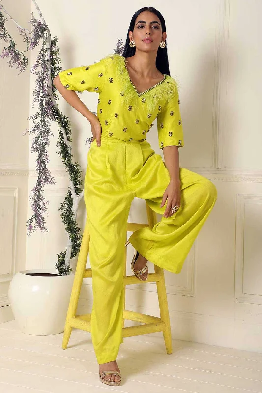 Lime Green Hand Embroidered Silk Jumpsuit Flash Sale