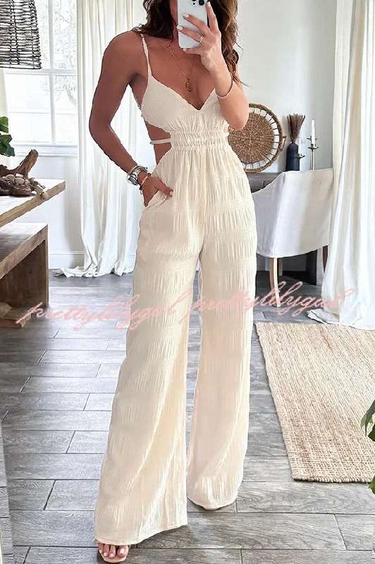 Summer Vacay Style Crinkle Fabric Cut Out Elastic Waist Pocket Backless Jumpsuit Unbeatable Prices