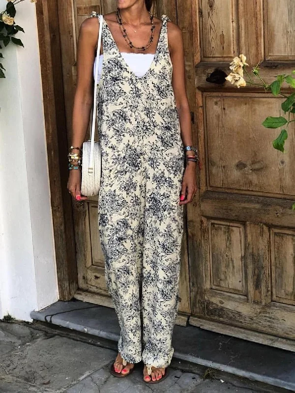 Deep V Printed Loose Jumpsuit Versatile Wardrobe Essentials