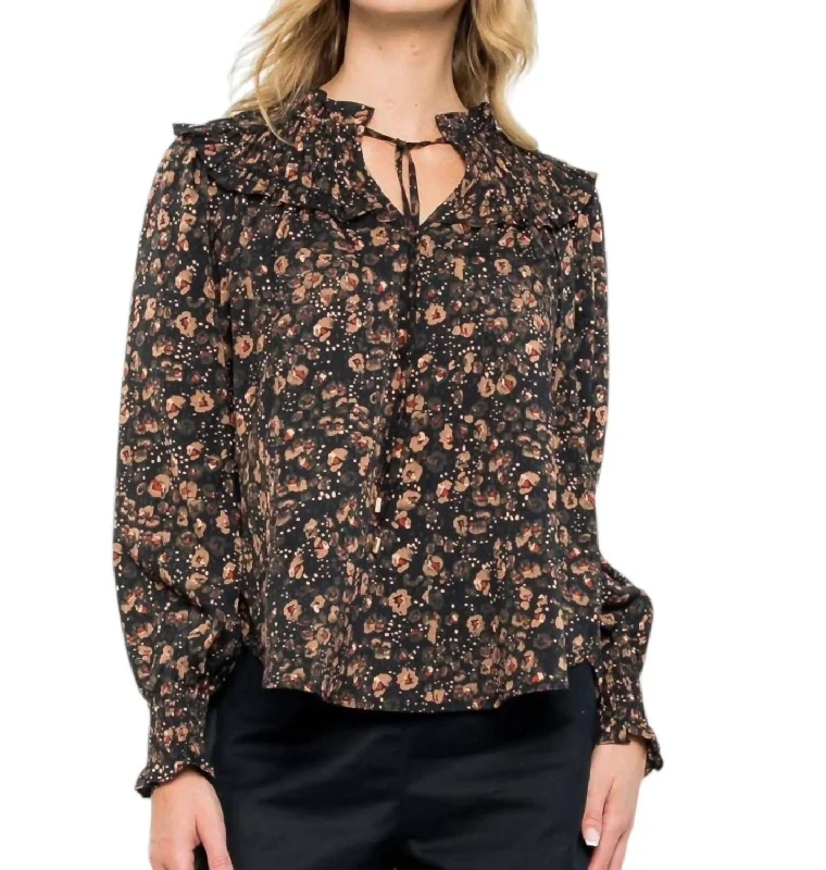 Smocked Detail Long Sleeve Print Top In Black Special Occasion Wear