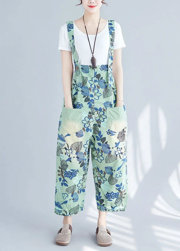 Green Print Patchwork Jumpsuits Wide Leg Denim Spring Season Appropriate Women's Collection