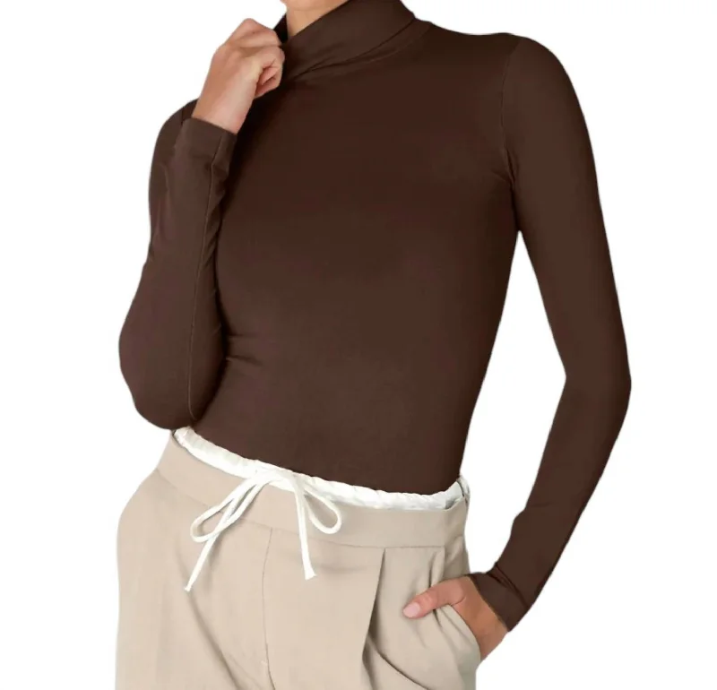 Long Sleeve Mock Neck Top In Coffee Bean Refined Simplicity