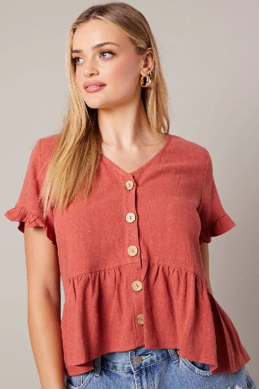 Brown Button Up Top V-Neck Frill Hem Top Linen Budget Friendly Fashion