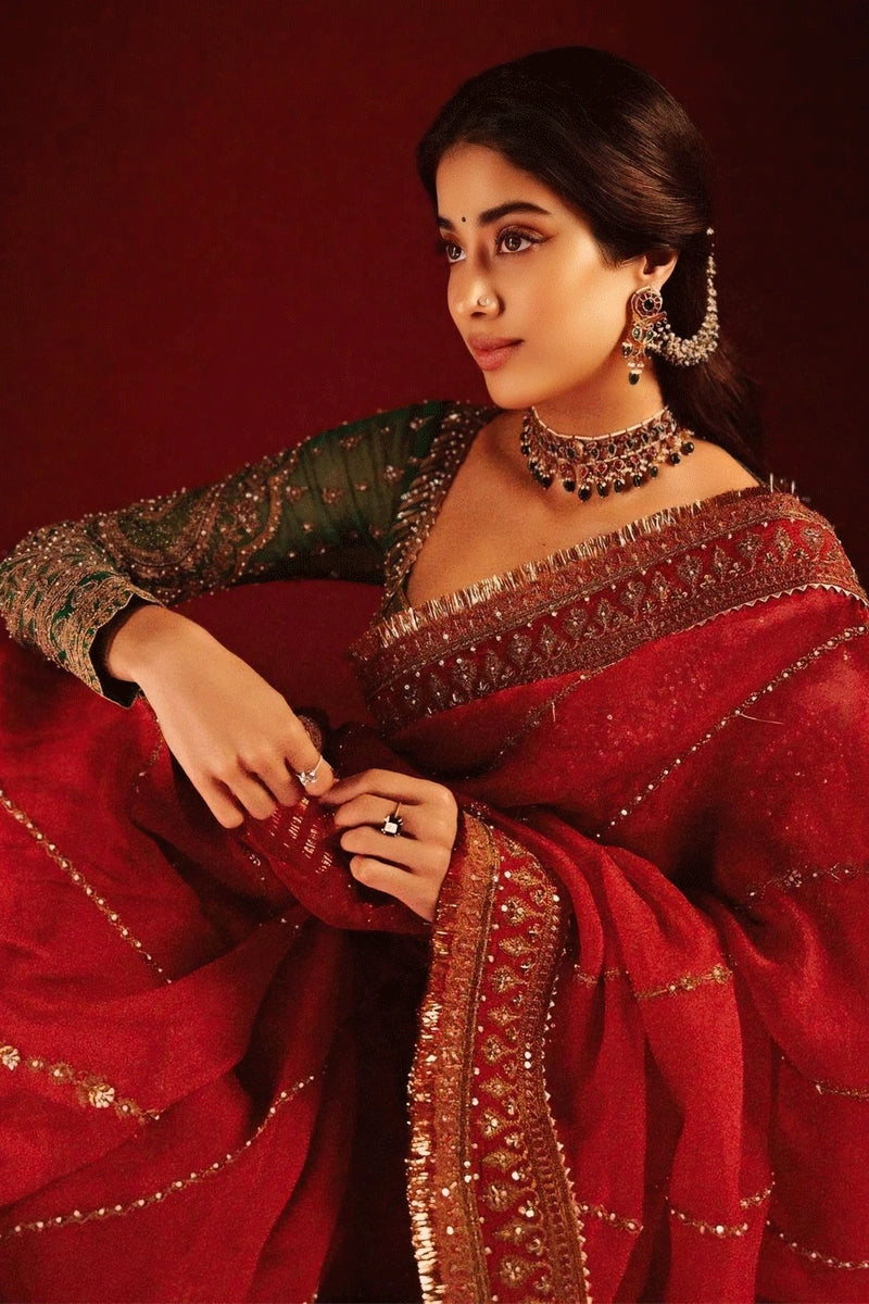 Indian Actress Janhvi Kapoor Red Karwa Chauth Saree Limited Stock