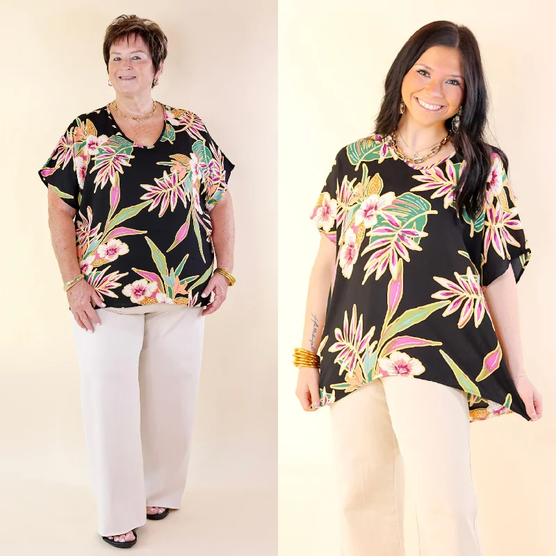 Island Oasis Tropical Floral Print Top in Black Feminine Flow