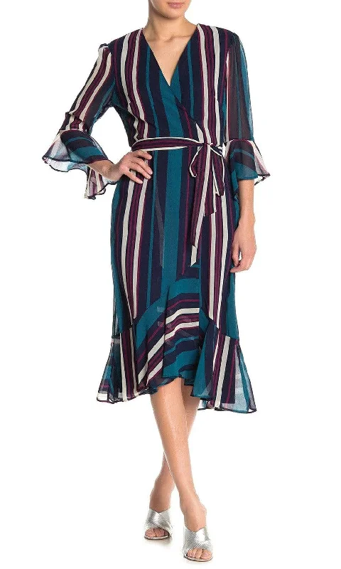 Maison Tara - 91116M Tea Length Stripe Wrap Chiffon Dress Versatile Wardrobe Essentials