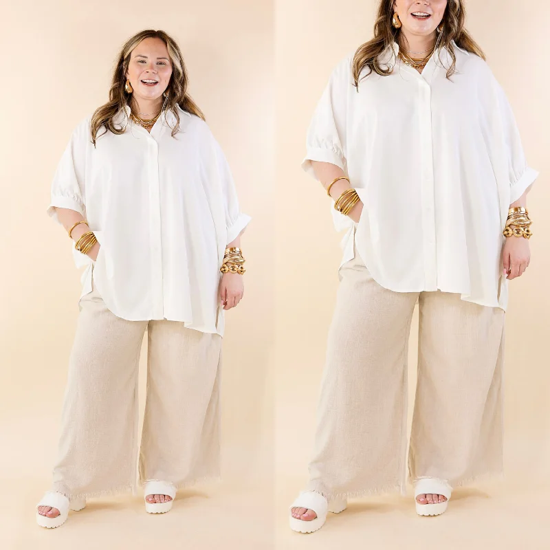 Right On Cue Elastic Waistband Cropped Pants with Frayed Hem in Beige Effortless Comfort