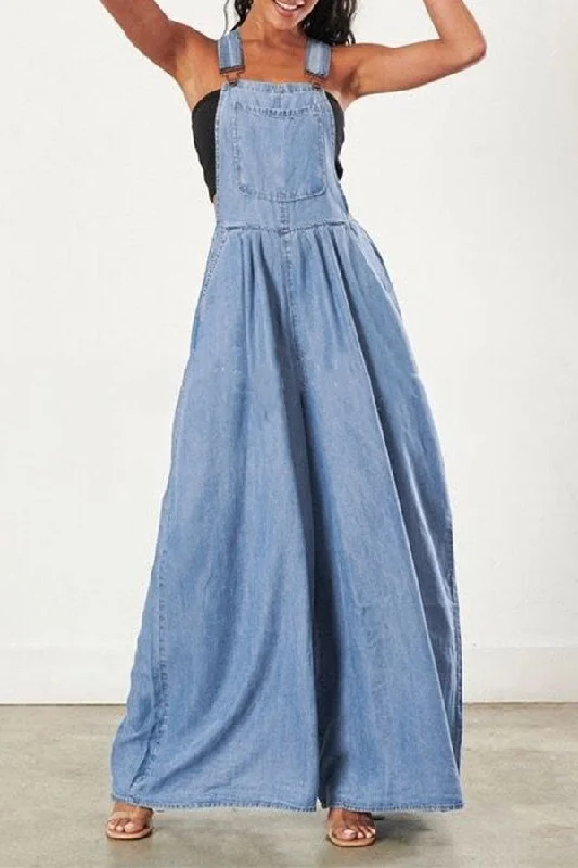 Solid Color Suspenders Relaxed Wide Leg Jumpsuit Lightweight Fabric