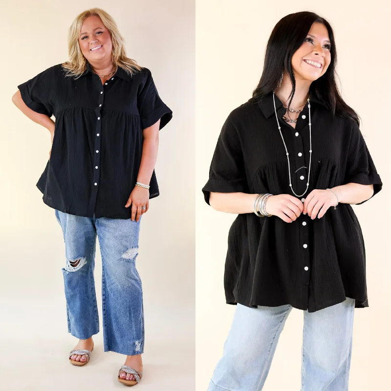 Mellow Mood Collared Button Up Babydoll Top in Black Cottagecore Rustic Charm Style