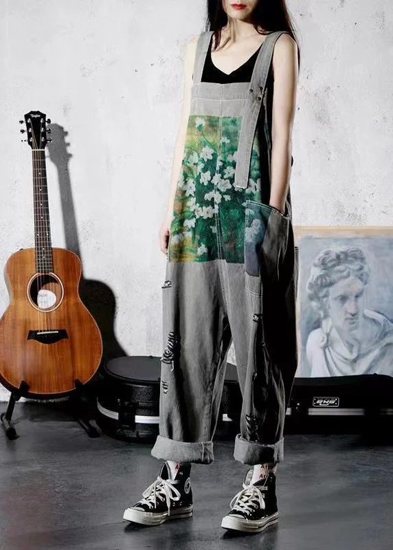 Stylish Grey Print Pockets Denim Ripped Overalls Jumpsuit Spring Fashion Forward, Function First