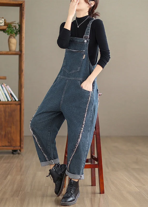 Modern Navy Original Design Patchwork Denim Jumpsuit Spring Trendy Urban Attire