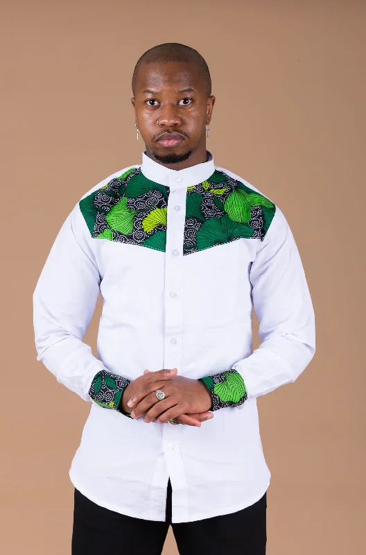 Udeme Mixed Print Men Shirt | White and African Ankara Print Lightweight Fabric