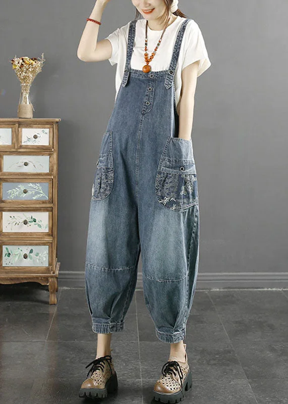 Stylish Denim Blue Slash Neck Print Patchwork Harem Jumpsuit Sleeveless Special Occasion Wear