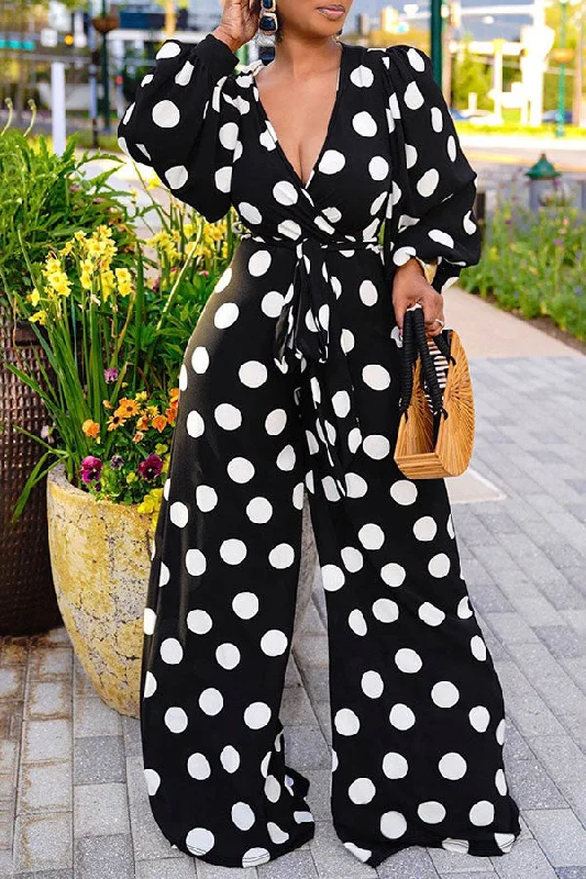 Polka Dot Plunging Commuting Belted Wide Leg Jumpsuit Feminine Allure