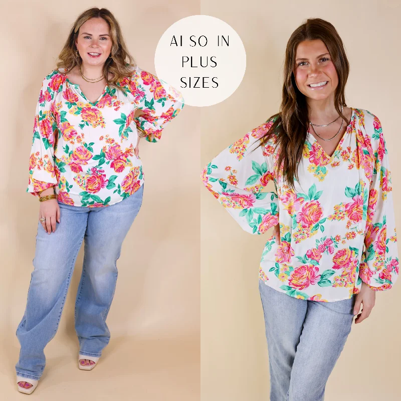 Follow Your Happiness Notched V Neck Floral Top with Long Sleeves in White Limited - Edition Drops