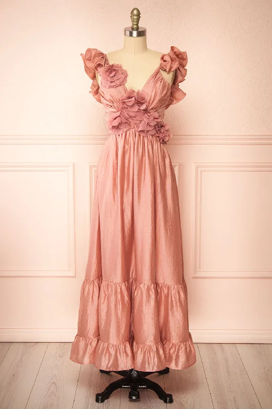 Binnie | Long Pink Dress w/ 3D Flowers Special Offer