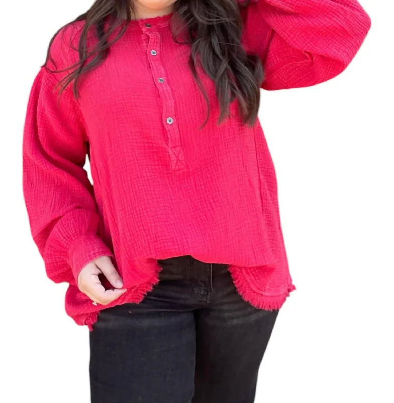 Long Sleeve Mineral Wash Top In Red Subtle Sophistication