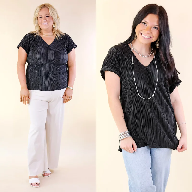 Casual Charm V Neck Plissé Top in Black Style Upgrade