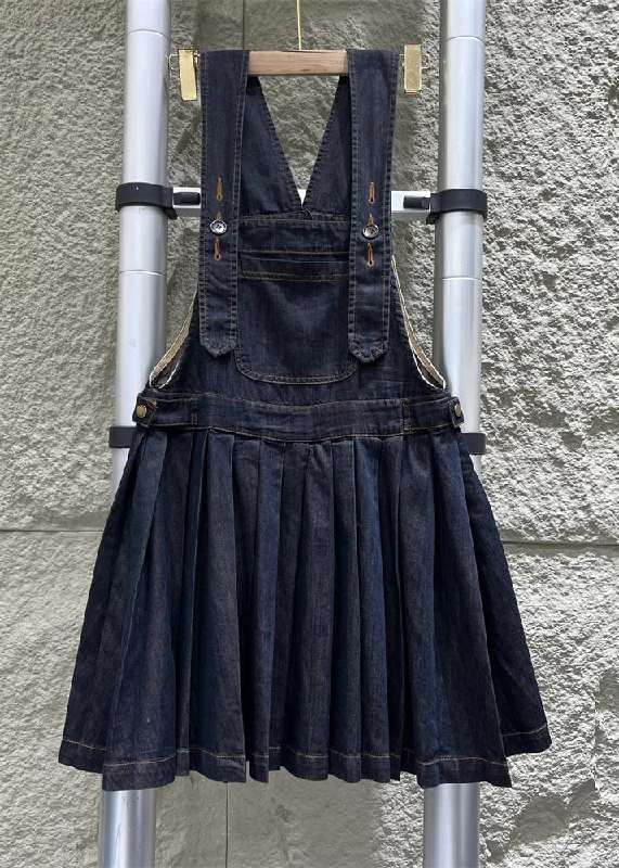 French Navy Button Wrinkled Denim Jumpsuit Sleeveless Hot Styles