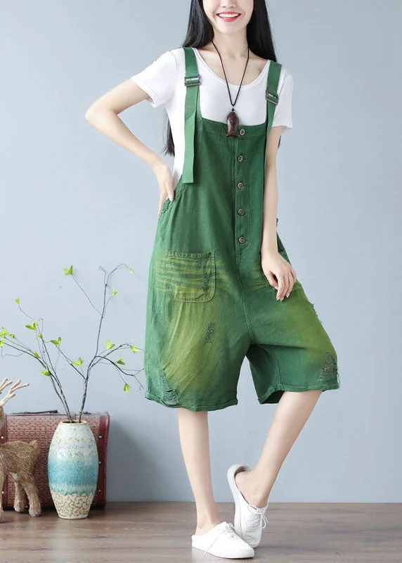 Fashion Green Oversized Cotton Ripped Jumpsuits Shorts Summer Buy More, Save More