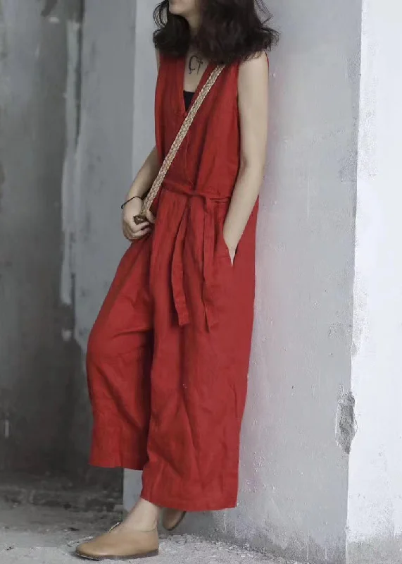 Handmade Red V Neck Tie Waist Linen Jumpsuit Sleeveless Save On Classic Elegant Styles