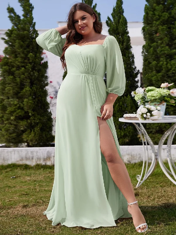 Clio | Plus Size High-Slit Waist Pleated Bridesmaid Dress with Long Sleeves Bold Fashion