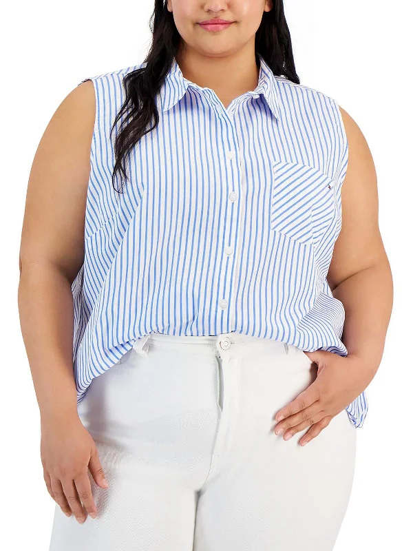 Plus Womens Collared Pocket Button-Down Top Exclusive Discounts