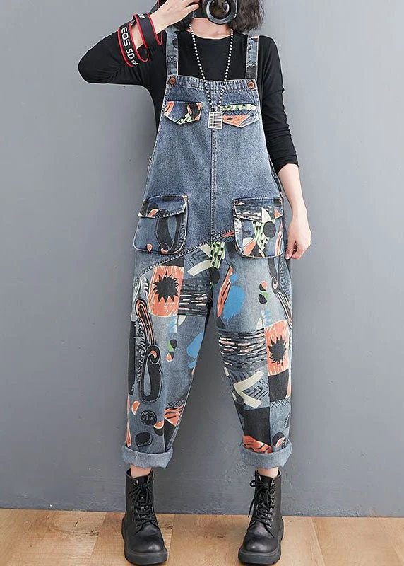 DIY Blue Pockets Print Patchwork Denim Jumpsuit Spring Best Deals Of The Season