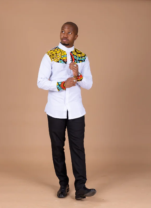 Sarki Mixed Print Men Shirt | White and Ankara African Print Classic Appeal