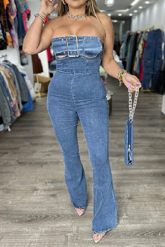 Blue Strapless Buckled Design Cutout Chic Denim Jumpsuit Vintage Elegance