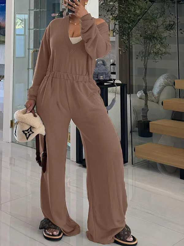 Solid V-Back Jumpsuit Pastel Styles