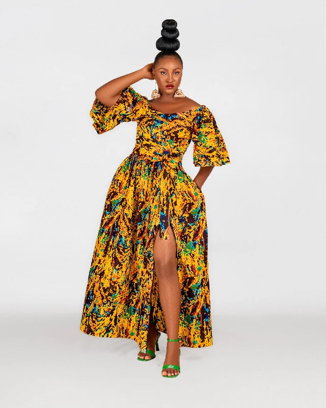 Nadia Ankara Off Shoulder Maxi Dress | Yellow Multicoloured African Print Trendy New Clothes